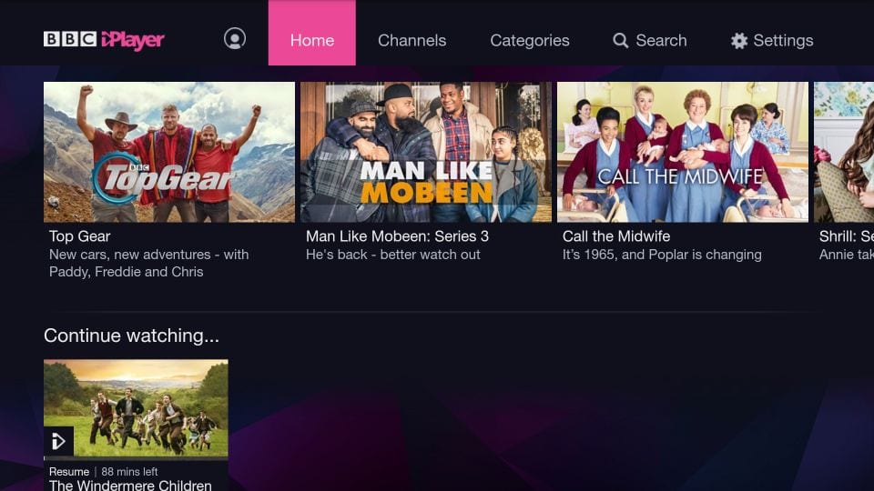 BBC Iplayer Startbildschirm